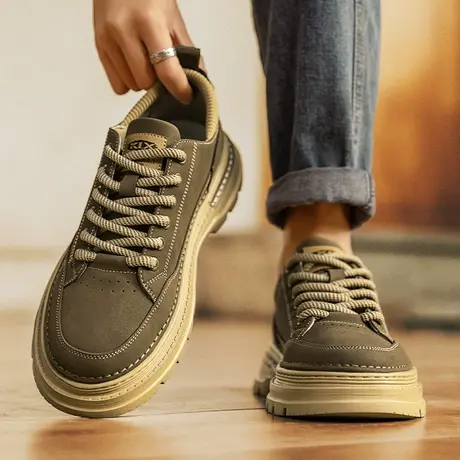 男鞋春夏季潮流真皮休闲板鞋男士厚底低帮英伦工装马丁靴2024新款商品大图