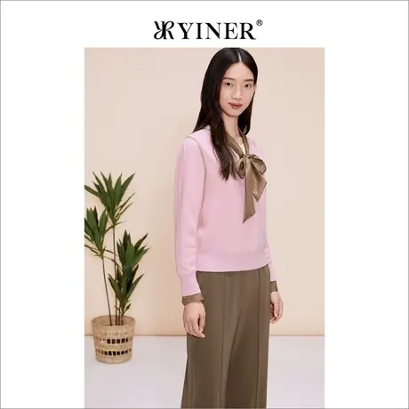 YINER音儿女装2023春季金葱勾边V领羊毛羊绒混纺针织衫商品大图