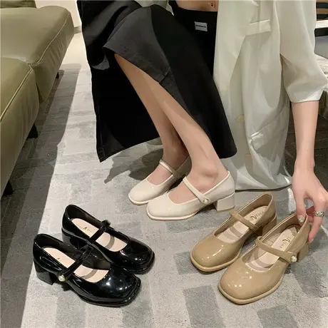 法式漆皮单鞋女2024春季新款配裙子方头温柔气质中跟玛丽珍小皮鞋商品大图