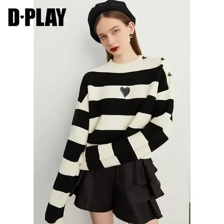 DPLAY春新黑白条纹重工爱心珠片绣滴铀爱心扣套头毛衣图片