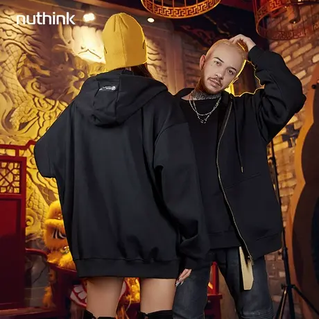 欧美高街加绒加厚开衫卫衣男宽松大码男装国潮潮牌冬季连帽外套潮商品大图