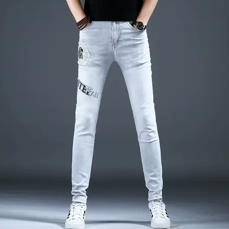 2024新款春秋浅色高级灰色牛仔裤子男款小脚修身弹力潮流男士休闲商品大图