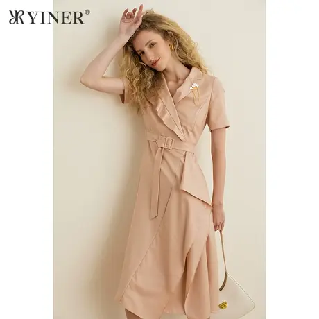 YINER音儿女装夏季西装领短袖收腰连衣裙图片