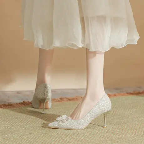 2024年新款法式气质高跟鞋礼服宴会水晶鞋高级感主婚纱婚鞋新娘鞋图片
