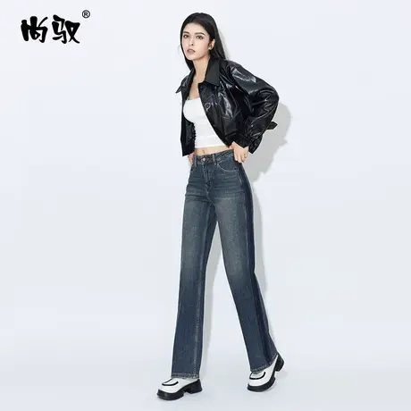 蓝色弹力高腰牛仔直筒裤女修身显瘦2023年新品百搭阔腿裤宽松裤潮图片