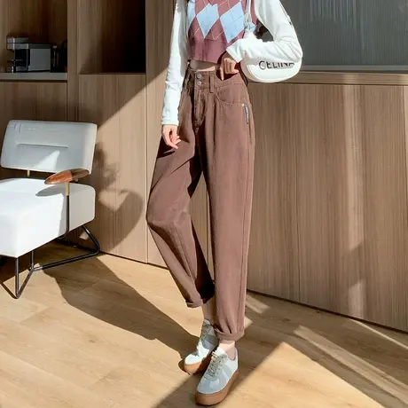 咖啡色哈伦牛仔裤女2024春季新款高腰宽松直筒小个子萝卜老爹裤子商品大图