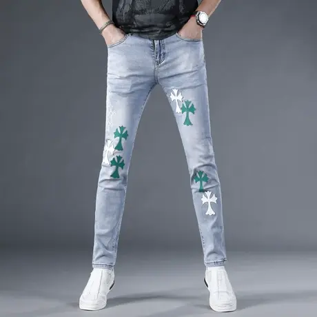 欧洲站夏季牛仔裤男修身小脚裤2024新款韩版潮牌潮流刺绣男士裤子商品大图