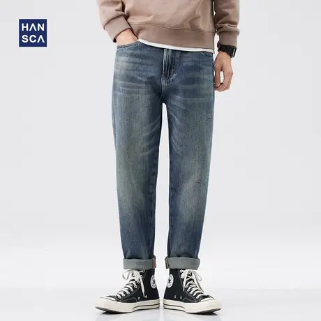 hansca牛仔裤男秋冬新款潮牌纯棉宽松直筒休闲大码蓝色水洗长裤子商品大图