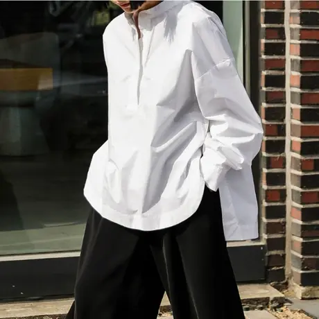 春夏秋立领显瘦中长款纯棉白衬衣女装长袖宽松休闲衬衫大码上衣潮商品大图