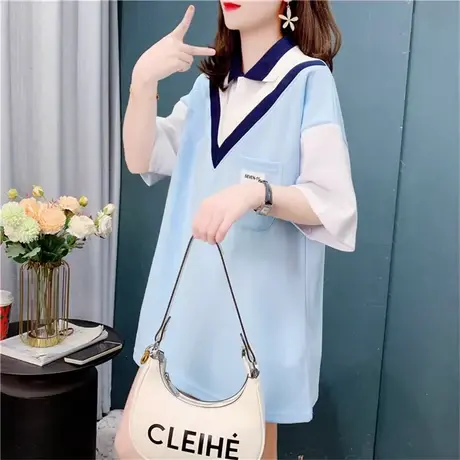 日系假两件Polo领短袖T恤女夏季2022新款宽松中长款ins潮学生上衣商品大图