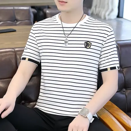 男士短袖t恤夏季新款高端圆领条纹体恤衫休闲潮牌半袖上衣服薄款T商品大图