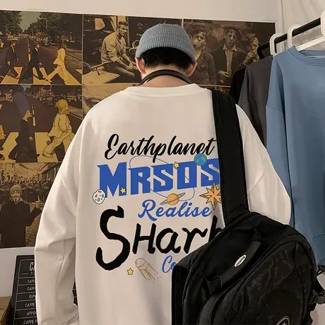 港风vintage无帽圆领卫衣男春秋季潮牌外套美式hiphop长袖上衣服商品大图