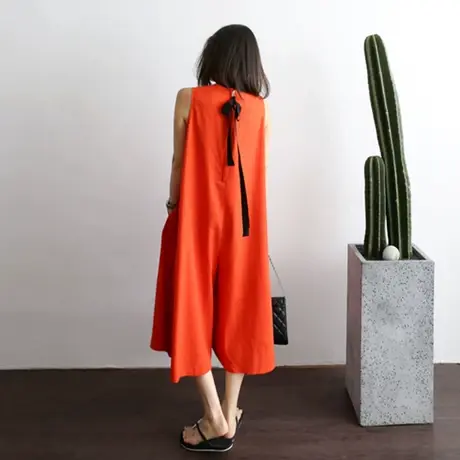 纯诗曼时尚夏装新款阔腿连体裤女宽松大码棉麻无袖背心七分裤裙潮图片