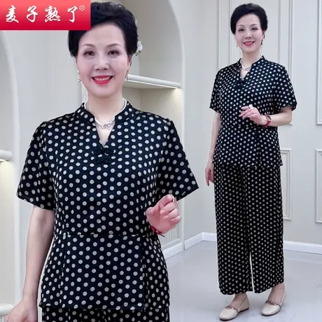 妈妈夏装短袖套装波点洋气减龄两件套阔太太2023新款中老年人女装商品大图