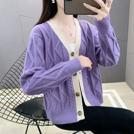 2023秋冬新款女撞色V领小香风气质宽松针织毛衣外套简约百搭开衫商品大图