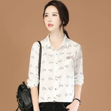 韩潮袭人文艺小猫印花长袖白色衬衫女2023秋新款百搭纯棉打底衬衣商品大图