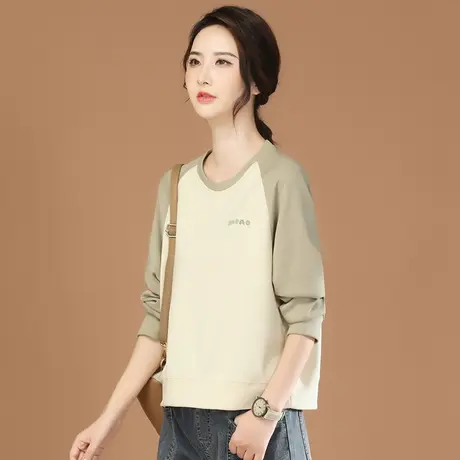 韩潮袭人圆领撞色拼接刺绣休闲长袖卫衣女2023秋新款宽松百搭上衣商品大图