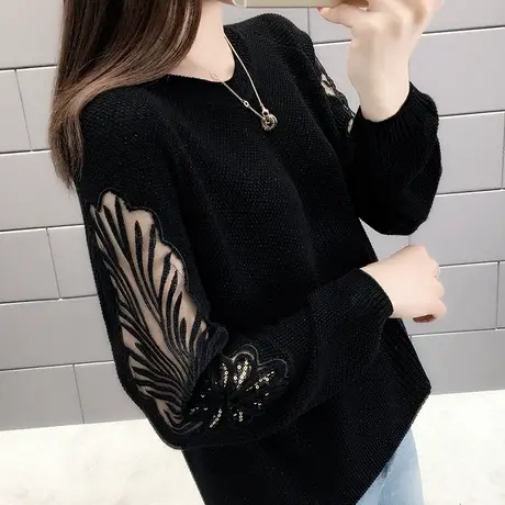 镂空针织衫女2023年新款秋装女上衣洋气薄款圆领毛衣女宽松外穿潮商品大图