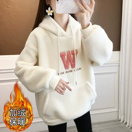 羊羔毛连帽卫衣女中长款2023年秋冬爆款加绒加厚韩版宽松外套女潮商品大图