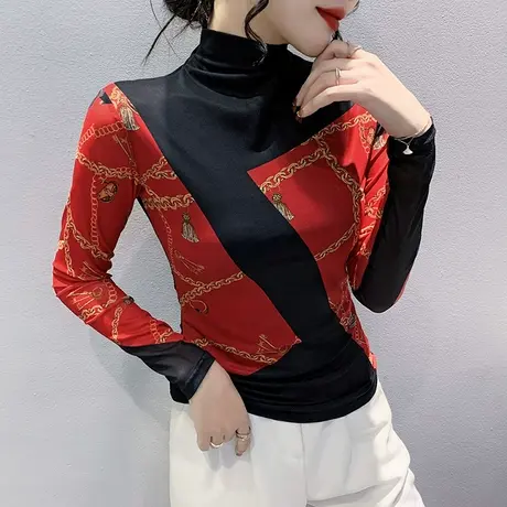 半高领打底衫女春秋2023新款复古印花长袖时尚网纱上衣显瘦T恤ins图片