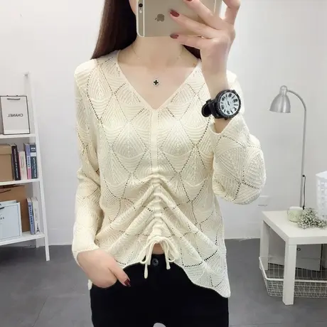 春夏2022新款v领抽绳镂空针织打底衫修身洋气百搭薄款毛衣线衣女图片