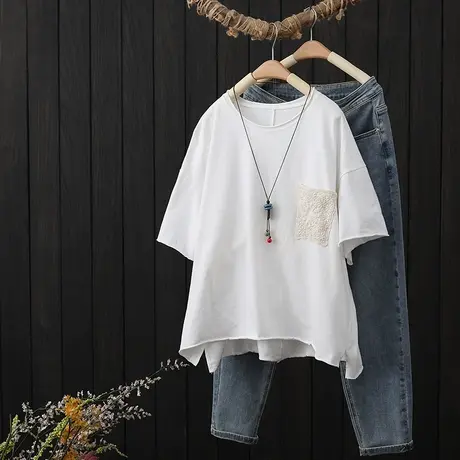 文艺复古圆领短袖T恤女装2023夏季新款宽松休闲全棉上衣半袖t恤衫图片