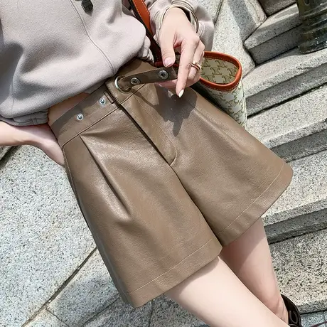 卡其色短裤2022年新款秋冬爆款高腰哑光a字外穿秋冬pu皮阔腿裤女图片