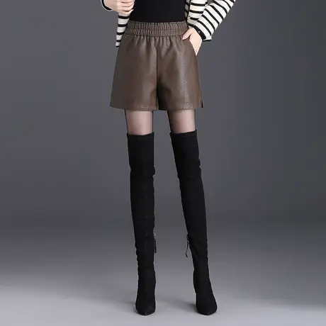 时尚PU皮短裤女秋季2023新款松紧高腰外穿阔腿靴裤百搭皮裤休闲裤商品大图