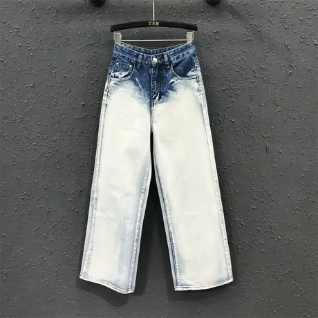 港风23夏季新款撞色设计感宽松百搭牛仔直筒裤女高腰显瘦个性长裤商品大图