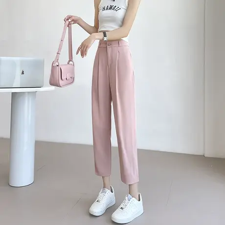 粉色西装裤女九分夏季2023年薄款高腰垂感宽松显瘦冰丝休闲哈伦裤图片