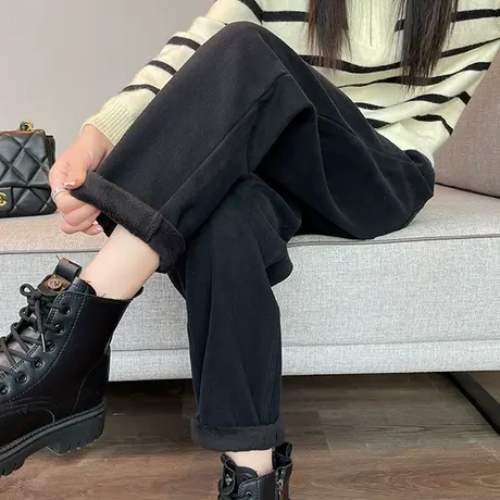 黑色老爹牛仔裤女2023年秋冬新款高腰直筒宽松加绒加厚哈伦萝卜裤图片