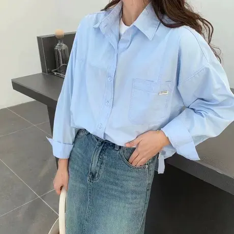 2023春季新款韩版百搭纯棉衬衫女长袖薄开衫外套宽松衬衣叠穿上衣商品大图