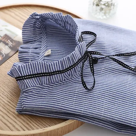 日系小清新木耳边立领系带长袖蓝色衬衫女荷叶袖蝴蝶结打底衬衣秋图片