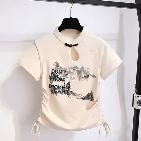 时尚气质复古国风辣妹短袖t恤女夏显瘦独特设计感民族风短款上衣商品大图