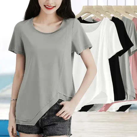 灰色不规则下摆缺口高级感小众设计圆领短袖t恤女2023新款体桖薄图片