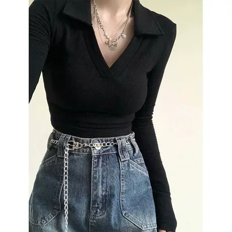 polo领设计感打底衫长袖t恤女秋冬内搭紧身短款chic甜辣妹v领上衣图片