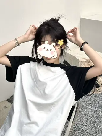 纯棉撞色插肩短袖t恤女夏季韩系宽松小个子美式复古上衣oversize图片