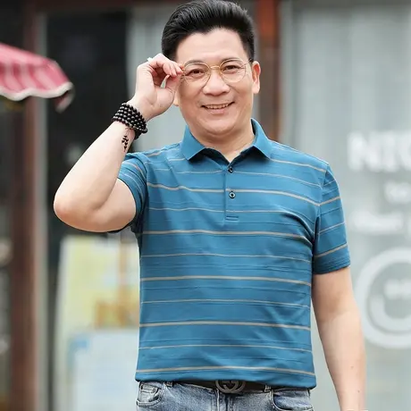 男士短袖t恤条纹爸爸装夏季翻领宽松丝光棉polo汗衫中老年人上衣图片