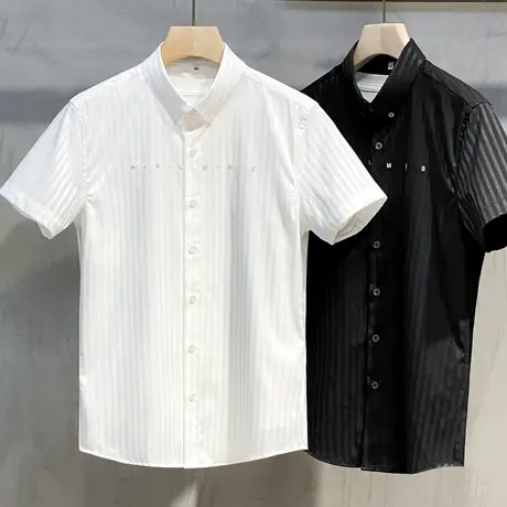 暗条纹短袖衬衫男高端商务2023新款夏季休闲修身免烫冰丝男士衬衣商品大图