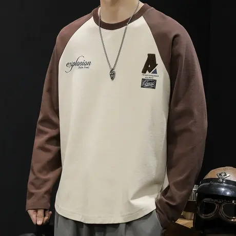 秋季长袖t恤男纯棉潮牌宽松大码2023新款男士重磅拼接内搭春秋款图片