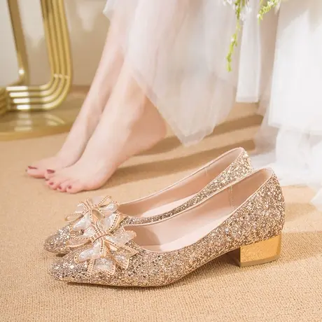 结婚鞋子女孕妇平底2023年春夏新娘鞋秀禾主婚纱两穿水晶鞋不累脚图片