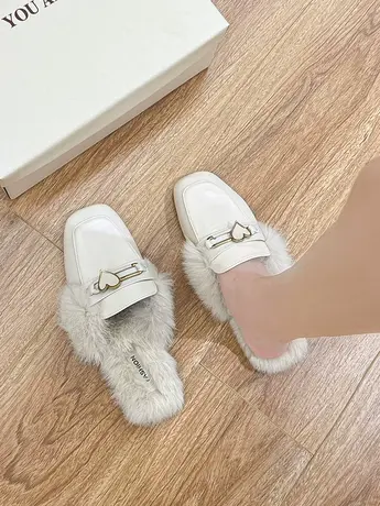 毛毛拖鞋女外穿2023秋冬新款穆勒包头半拖乐福单鞋粗跟高跟小皮鞋商品大图