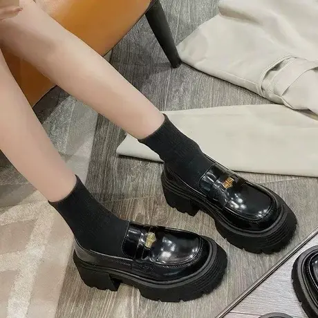 厚底女鞋单鞋女2023年四季新款黑色一脚蹬乐福鞋复古英伦风小皮鞋商品大图