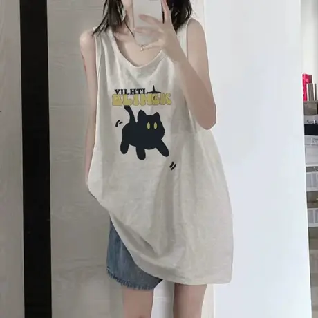 纯棉吊带坎肩背心无袖t恤女夏季设计感小众外穿宽松港风挂脖上衣图片