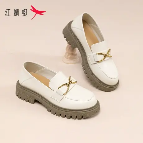 红蜻蜓法式厚底乐福鞋女春冬2023新款真皮冬季女鞋粗跟英伦小皮鞋商品大图