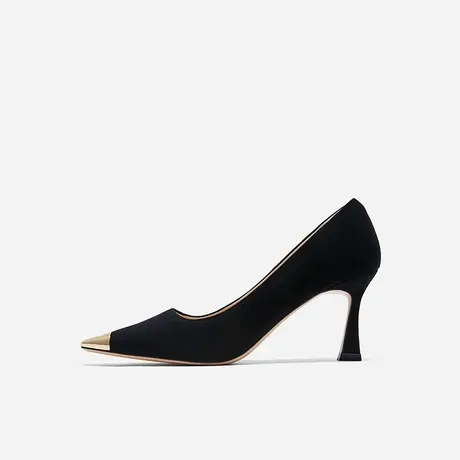 Nine West/玖熙2023年春夏新款高跟鞋女金属方头羊反绒粗跟单鞋女图片