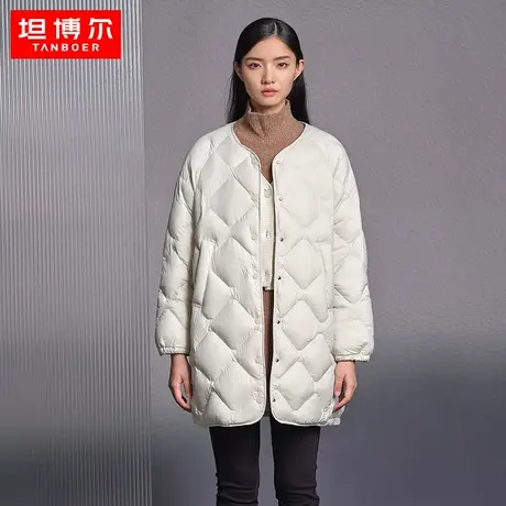 【商场同款】坦博尔轻薄羽绒服女菱格纹无领百搭长款外套TB330620图片