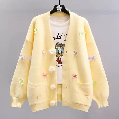 日系花朵蝴蝶结毛衣外套女秋冬2023新款宽松慵懒风洋气针织开衫商品大图