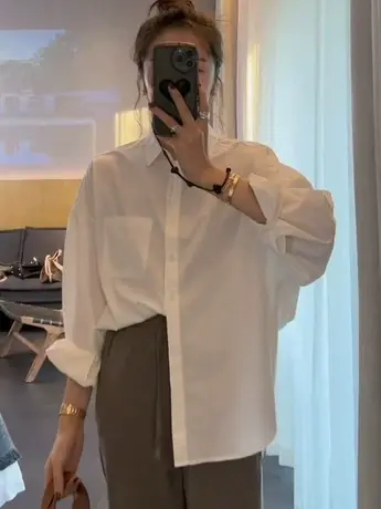 春秋新款白色长袖衬衫女学生韩版宽松百搭设计感小众衬衣女上衣潮商品大图