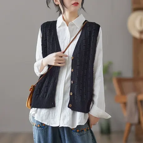 dza复古短款V领针织开衫女士宽松马甲背心春季新款外搭小马夹坎肩图片